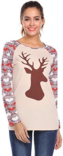 Fashion4OL Women Xmas Long Sleeve Deer Print Crew Neck Cotton Christmas Gift Stretchy T-Shirts Tops