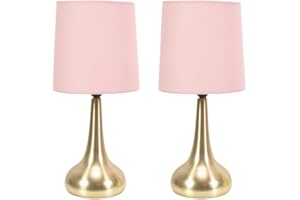 VALUELIGHTS Pair - Brushed Gold Teardrop Touch Dimmer Table Lamps with Blush Pink Shade Bedside Light