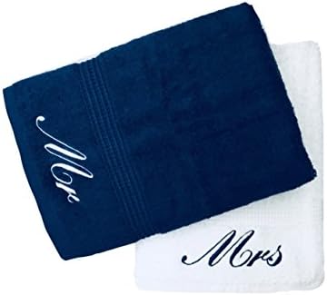 Niche EmbroideryEmbroidered Mr & Mrs Navy and White Bath Towels Pair