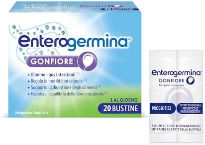 Enterogermina Gonfiore, Fermenti Lattici Probiotici, Prebiotici per Adulti - Integratori con Enzimi Digestivi ed Estratti Vegetali contro Pancia Gonfia e Gonfiore Addominale (20 Bustine Gusto Pesca)