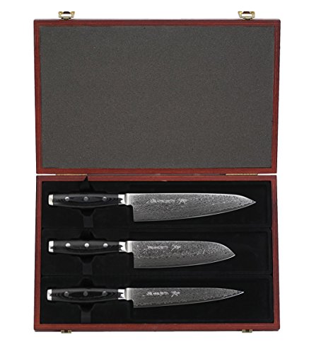 Gou 101 Yaxell - Juego de 3 cuchillos (en caja de madera, núcleo de aleación de acero 63HRC)