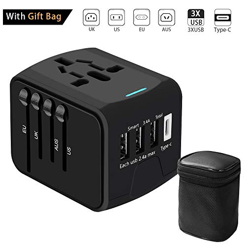 GEEKHOM Adaptador Enchufe de Viaje, Universal Enchufe Adaptador Internacional con 3 Puertos USB + 1 Puerto Tipo C para Más de 150 Países (Negro, con Bolsa de Regalo)