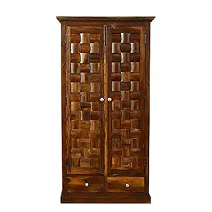 DOKRI Sheesham Wood 2 Door Wardrobe with 4 Shelf & 2 Drawers Storage Bookshelf for Home & Living Room Furniture (Brown Finish)