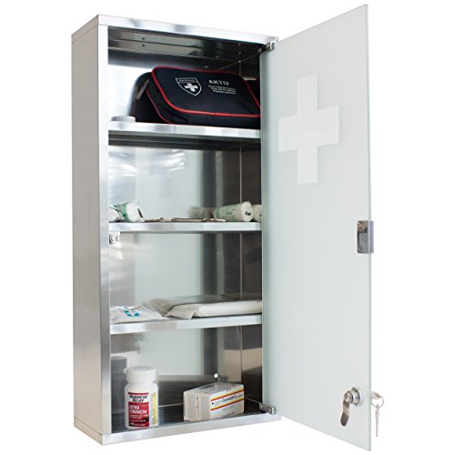 Oxid7® Medizinschrank Arzneischrank Erste Hilfe Schrank 30 x 13 x 60 cm – mit 4 Fächern und Glas-Tür zum Abschließen mit 2 Schlüsseln für kindersichere Medikamenten Lagerung - 3