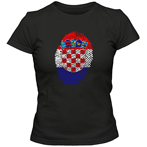 Damen T-Shirt Croatia Kroatien Hrvatska Fußball Trikot Fingerabdruck WM EM, Farbe:Schwarz;Größe:M