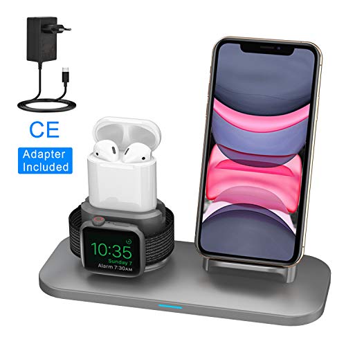 bossgo Ständer Kompatibel für Apple Watch,3 in 1 Fast Qi Wireless Charge Charging Stand für iPhone AirPods iWatch Series 1/2/3/4, für iPhone X Samsung GalaxyS8/S8 and Qi-Enabled Geräte - Grau