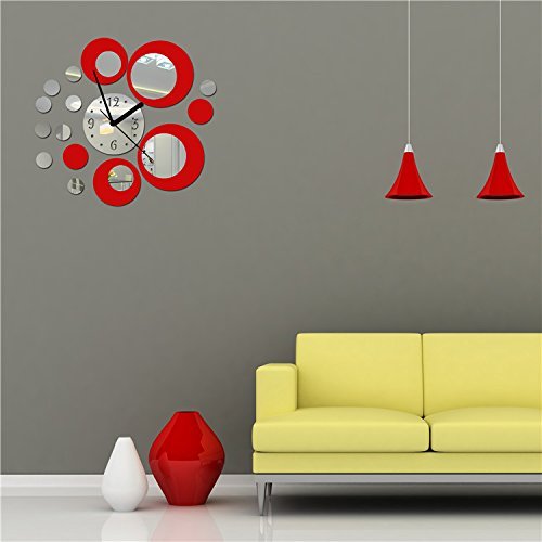 Itian Metall-Wanduhr mit Spiegeleffekt Dekoration, Modernes Design Wandaufkleber, für Wohn / Schlafzimmer usw. (Silber und Rot) - 3