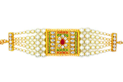 Aashya Mayro High Gold Plated, Green and Maroon meenakari, Kundan and CZ Diamond Stone Studded, White Pearl Adjustable Bracelet, Kada, Bajuband for Women Girls