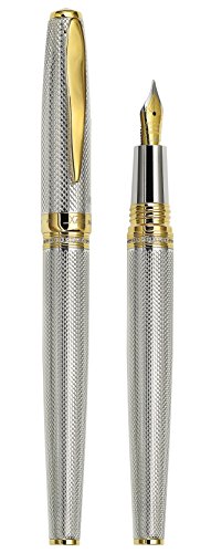 Xezo Solid Sterling Silver Serialized Fine Fountain Pen, 18K Gold Plated with Screw-On Cap (Maestro 925 Sterling Silver F-1)