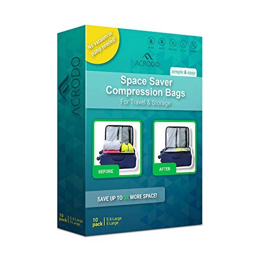 Acrodo Bolsas de Viaje para Ropa ahorradoras de Espacio, Paquete de 10 para Organizador y Almacenamiento de compresión, sin Bolsa de enrollar al vacío para Ropa