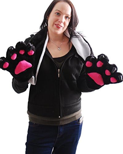 Nostalgic ClothingAdults Black And White Fleece Scarf With Giant Animal Paw Gloves and Pink Pads