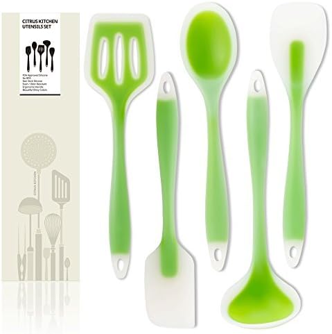 CitrusKitchen Lime green 5 of sturdy silicone kitchen utensil cooking set, BPA free Spatula, Spoonula, Soup Laddle, Turner, Spoon
