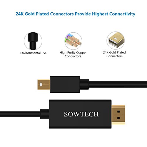 Mini DP auf HDMI Kabel, SOWTECH Aktive Vergoldet 9.8ft/3m Mini Displayport auf HDMI Kabel (Thunderbolt Port Kompatibel)HDTV Kabel fürApple MacBook, MacBook Pro MacBook Air, iMac, Mac mini and Mac Pro usw – Schwarz - 3