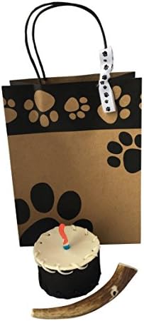 Edible rawhide Pup cake with candle for your dog with a natural Antler chew with a dodgy paw print gift bag. Doggy present, Gift for your pooch (Pup cake with candle)