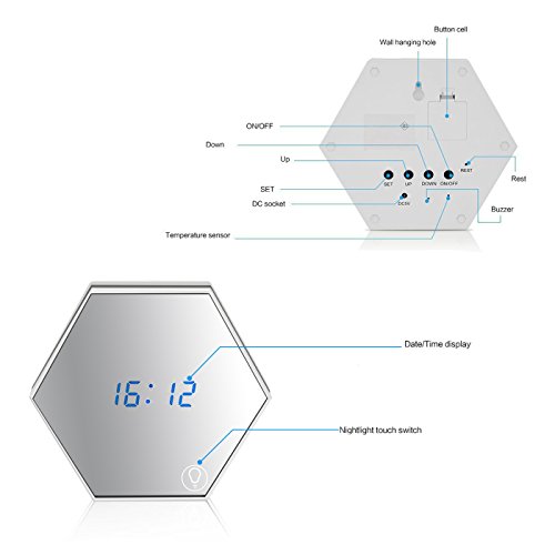 5-in-1 LED Digital Wecker MULTIFUNKTIONS-UHR | Reise-Wecker | Tischuhr | Nachtlicht mit Touch-Dimm-Funktion | Thermometer | Spiegel | Uhrzeit/3 Alarmzeiten/Temperatur-Anzeige | per USB Aufladbar Weiß-Silber - 4