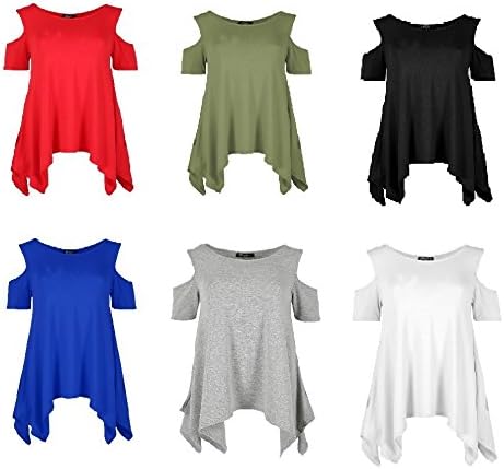 Womens Ladies Cold Oversized Plain Shoulder Hanky Hem Baggy Cap Sleeve Top Plus Size 8-26