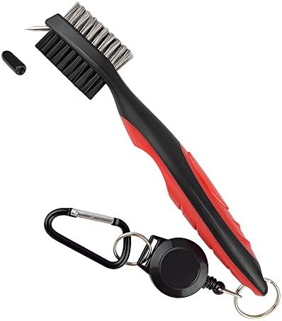 Double Sided Golf Brush Groove Cleaner, Golf Bag and Club Accessories 2 ft Retractable Zip Line Aluminium Karabiner, Red-and-black