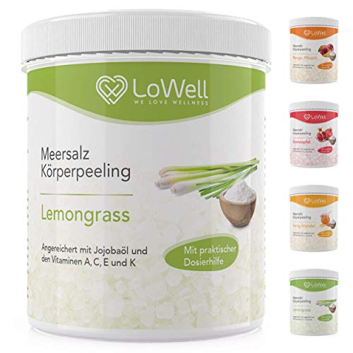 LoWell® - Peeling Meersalz mit Jojobaöl + BONUS Dosierhilfe + Peeling-Guide - Natürliches Körperpeeling Scrub - Ideal für die Dusche, Dampfbad und Sauna - Body Salz - Lemongrass 500g