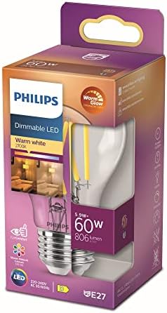 Philips Lampadina a LED, luce bianca calda, E27, 60 W, trasparente, dimmerabile, a risparmio energetico, lampadina a filamento, 1 pezzo