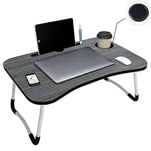 VRAJ VILLA Multipurpose Foldable Laptop Table with Cup Holder | Lapdesks | Study Table | Writing table for adults| Breakfast Table | Foldable and Portable| Ergonomic & Rounded Edges/Non-Slip Legs |Mini desk | Table for laptop, study, breafast |Writing Desk (Wooden) (WA-27-Black)