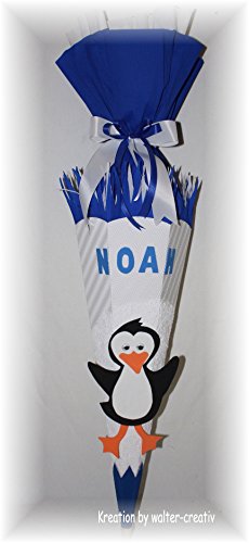 Bastel-Set Schultüte Zuckertüte Pinguin OHNE Dekoschnee Hintergrund weiß-blau