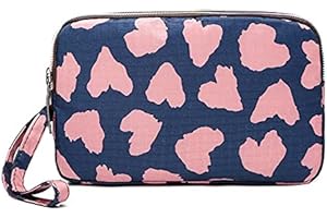 CAPRILITE Fun PVC Canvas Wallet Purse Pouch Triple Zip w/Wrist Strap Wristlet Clutch Bag Xmas Bday Gift (Navy Dusty Pink Hearts)