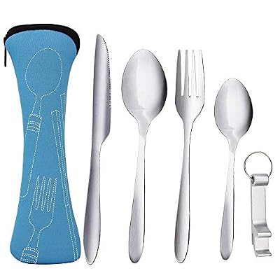 Kbnian HTINAC 6 Pièces Couverts de Camping, Couverts Set de Voyage en Acier Inoxydable avec Étui en Néoprène, Idéal pour Camping,Pique-Nique, Festivals et Les Voyages