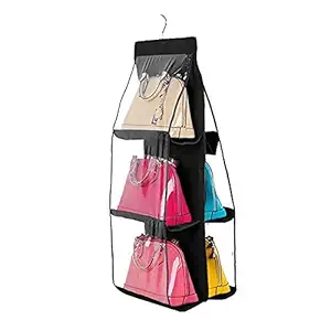 HUEX Hanging Purse Organizer for Closet Clear Handbag Organizer for Purses, Handbags Etc. 6 Easy Access Clear Vinyl Pockets with Hook