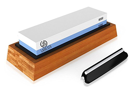 langxun 2-in-1-Messerschärfer Stein, 2 Seite Körnung 1000/6000 Schleifstein | Bonus Bambus rutschfest Boden & Winkel Guide
