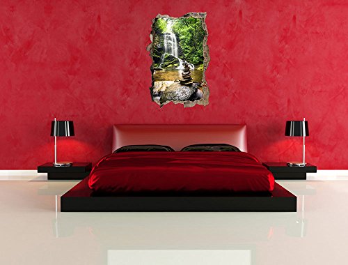 Zen Steine vor Wasserfall Wanddurchbruch im 3D-Look, Wand- oder Türaufkleber Format: 92x62cm, Wandsticker, Wandtattoo, Wanddekoration - 5