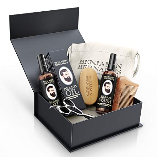 Beard Grooming Kit by Benjamin Bernard - Scissors, Oil, Wash, Wooden Comb and Brush Package Set - Natural Skin Moisturizer, Cleanser and Conditioner - Complete Moustache Growth Care Gift Box for Men ...