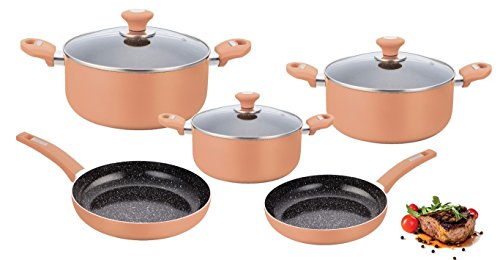 WTC exklusives 8 tlg. Topfset Pfannenset Kochtöpfe Topf Set Töpfe Pfannen Marmor Granit Beschichtung (Chilli / Hellrosa)