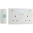 BG Electrical 822BELLWireless DoorBell with IP44 Rated Push Button and Double Power Socket, Battery Operated, White Moulded, Round Edge