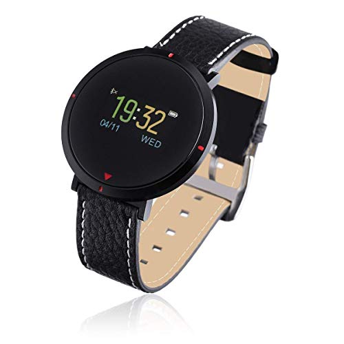 Preisvergleich Produktbild elecfan Smart Armband Sport Blutdruck, Bluetooth Activity Tracker Schrittzähler Wasserdichte Leder Smart Watch Laufband mit Pulsmesser für Frauen Android für iPhone Kompatibel - Schwarz