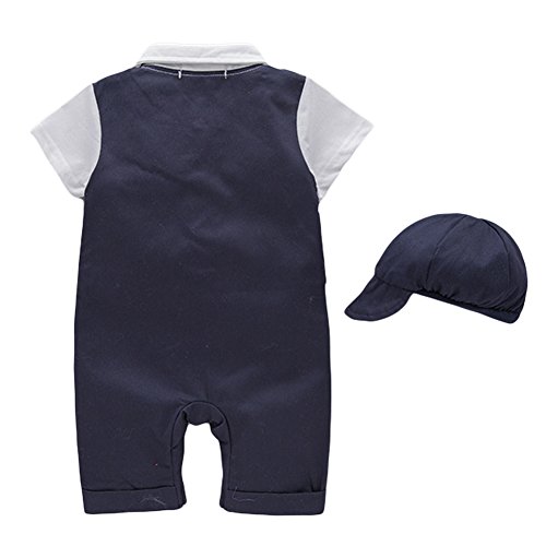 G-Kids Baby Jungen Strampler Smoking Gentleman Strampler Sommer Kleidung Outfit Taufkleidung Fliege mit Hut  (Dunkelblau, 6-9 Monate/80) - 2