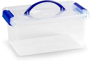 Acan - Caisse en plastique transparent avec poignée de couleur bleue, 29 x 18,5 x 13 cm, capacité 4 litres. Coffre avec couvercle pour organisation de la maison (avec poignée, 4 L)