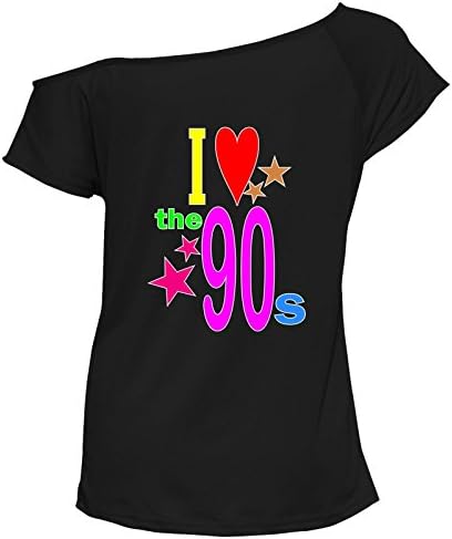 Northwest Exclusive Womens Top I Love The 80s 60s 70s 90s T-Shirt Off Shoulder Retro Party Tees #(6292#Black T Shirt/I Love The 90s Print#UK 8)