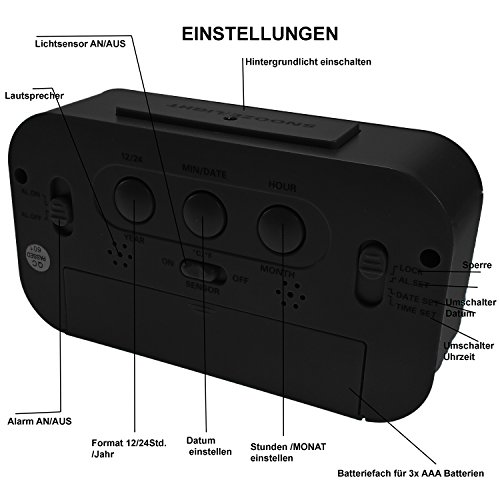 Digital Wecker Reisewecker Digitaluhr großem LED Display Lichtsensor Datumsanzeige snozze Temperaturanzeige Farbe Schwarz - 4
