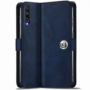 TheGiftKart Genuine Leather Finish Xiaomi Mi A3 Flip Back Cover Case | Inbuilt Pockets & Stand | Wallet Style | Designer Button Magnet Flip Cover Back Case for Xiaomi Mi A3 (Blue)