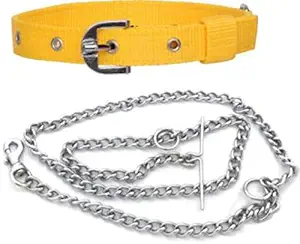 Pedigone 1 inch Yellow Dog Collar with Dog Chain 1.5m lengthy Dog Collar & Chain Dog Belt for All Pet Dogs.