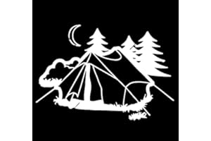 JAPANSAI Pegatina Camper van Furgoneta 4x4 | Color Blanco Dibujo de Tienda de Campaña y Arboles para Coche Moto | Medidas: 17,9 x 12,2 cm | Decoración Camper Furgoneta Van Coche Moto Motocicleta Caravana