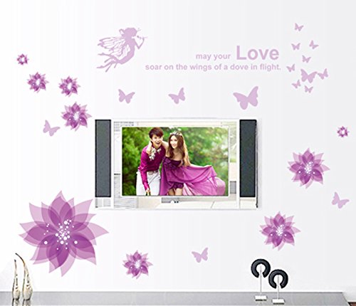 ufengke® Glück in Voller Blüte Schönen Blumen Hibiskus DIY Wandsticker,Wohnzimmer Schlafzimmer Entfernbare Wandtattoos Wandbilder, Lila - 2