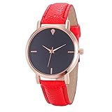 Luckhome Damenuhr Analoge Quarzwerk Uhren Ziffernblatt Rund Holzuhr Mit Leder Armband Frauen Mädchen Einfache Stil Quarz-Armbanduhr Dünne Lederband Lässige(Rot)