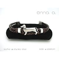 Geflochtenes braunes Lederarmband und Edelstahl, Hundebild