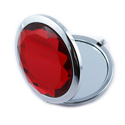 Klappbarer Design Taschenspiegel / Schminkspiegel / Kosmetikspiegel aus Metall in silber mit Glas-Kristall in rot – edles Diamantendesign – deutscher Händler (rot) - 2
