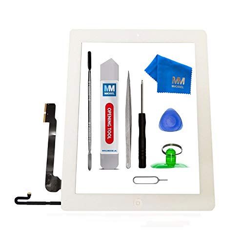 MMOBIEL Digitalizador Pantalla t  ctil frontal para iPad 4  Blanco  Incl bot  n de inicio y cable flex soporte c  mara adhesivos pre instalados kit profesional de herramientas para una f  cil instalaci  n 