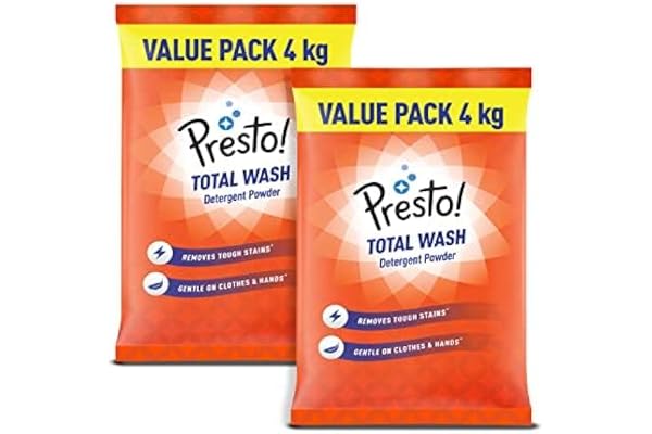 Amazon Brand - Presto Total Wash Detergent Powder 8 Kg 4 Kg X 2 Packs Tough On Stains Safe And Gentle On Fabrics Refreshing Fragrance Machine And Hand Wash Bleach-Free Washing Powder