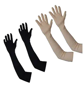 Kyron Fashions Girl's Full Hand Arm Sleeves Cotton Driving Gloves (Black and White Skin, Free Size)