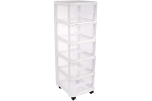 EDA PLASTIQUE Tour de Rangement City avec roulettes - 5 Tiroirs - 32 x 37 x 97 cm - Blanc Transparent