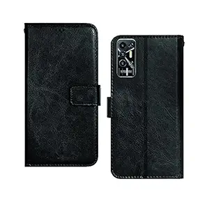 Pinaaki Enterprises Tecno Pova 2 PU Leather Vintage Flip Cover Case | Wallet Stand |Complete Protection Cover for Tecno Pova 2 - Black